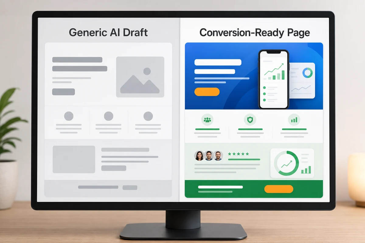 Comparison of Generic AI Draft and Conversion-Ready Page for an AI-generated landing page