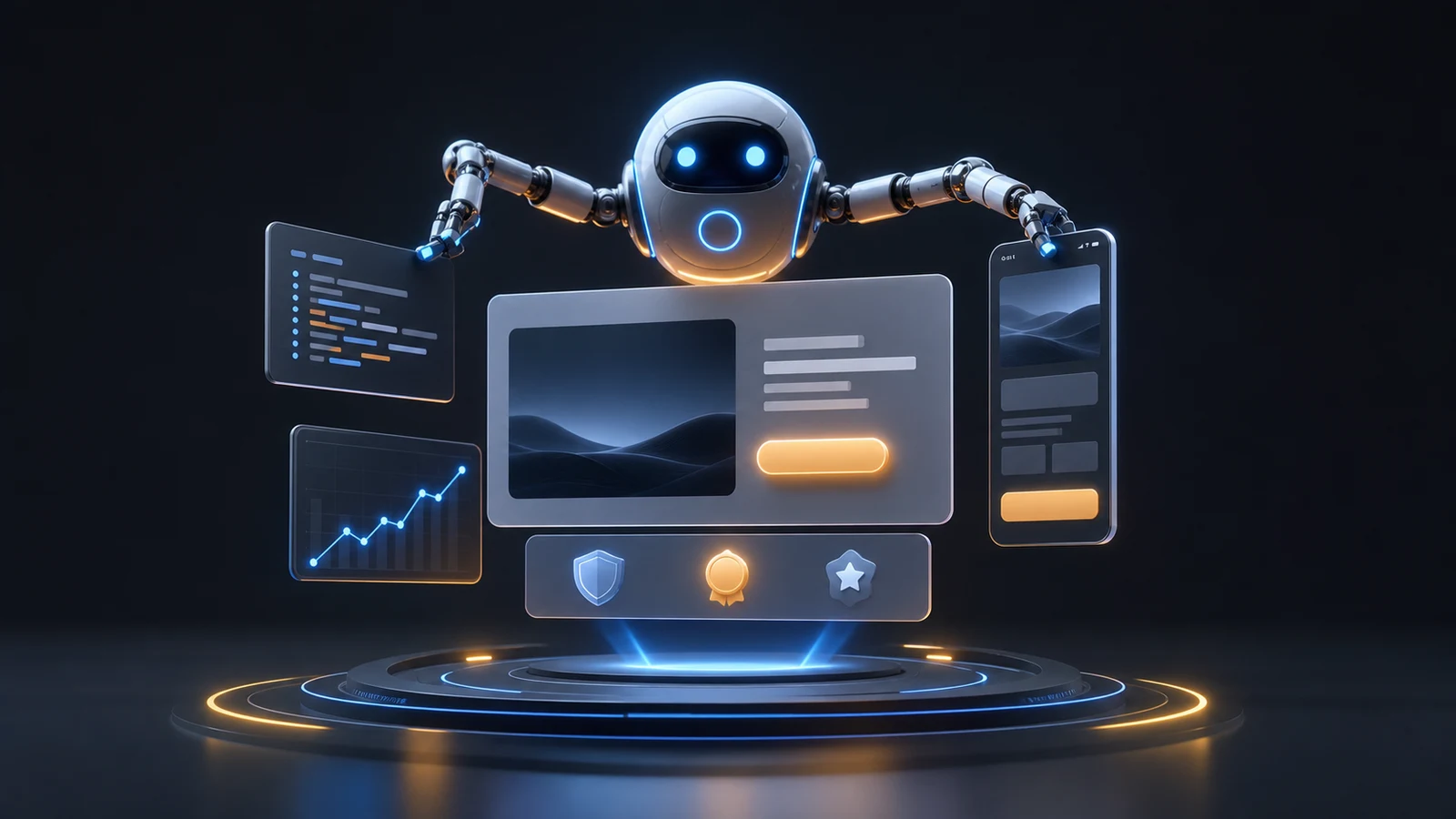 AI assembling a landing page from design, copy, code, analytics and conversion modules