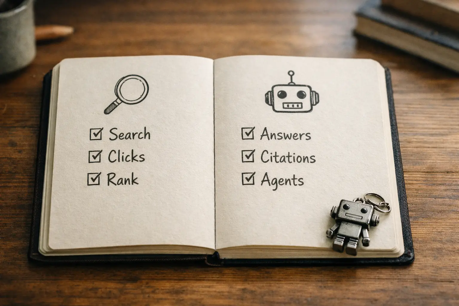 Notebook split: Search / Clicks / Rank vs Answers / Citations / Agents — a visual metaphor for AI SEO / GEO