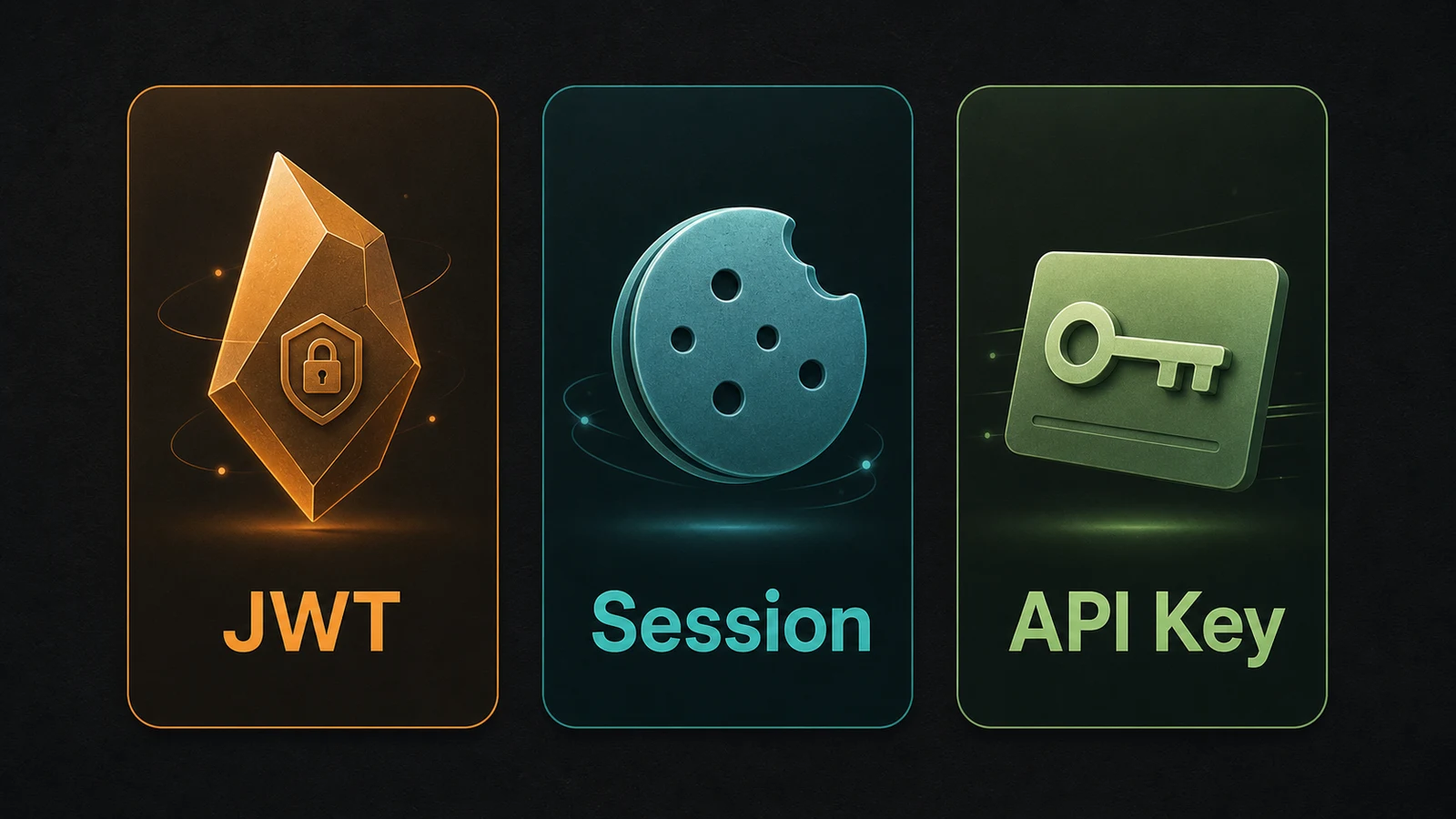 Illustration of three authentication mechanisms for a Bun.js API: JWT, Session, and API Key