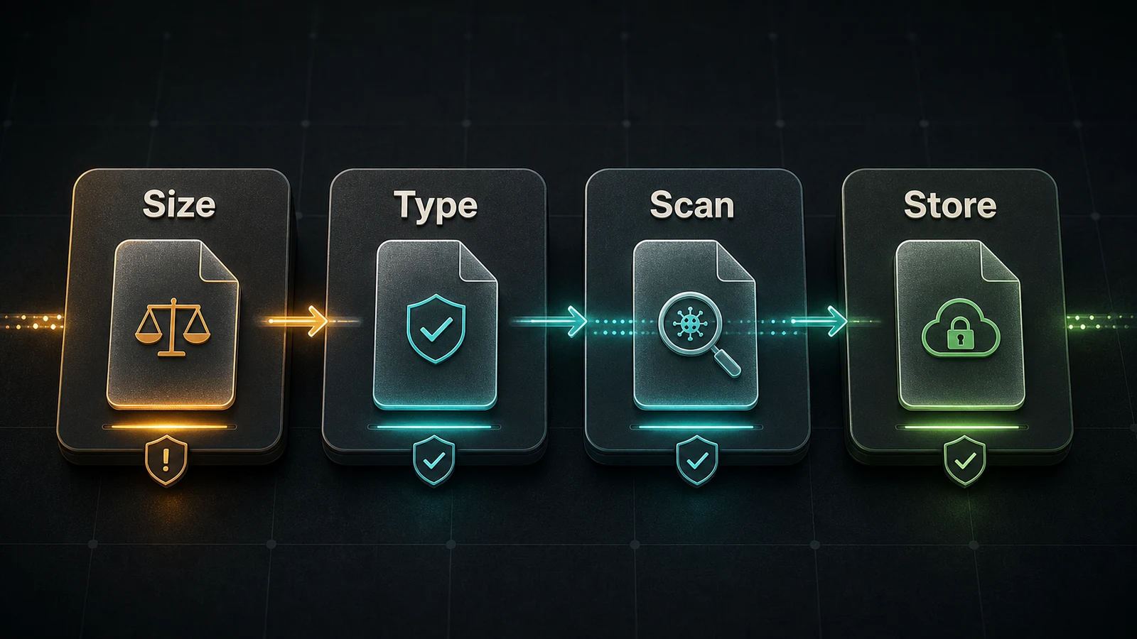 Illustration of a secure upload pipeline: Size, Type, Scan, Store