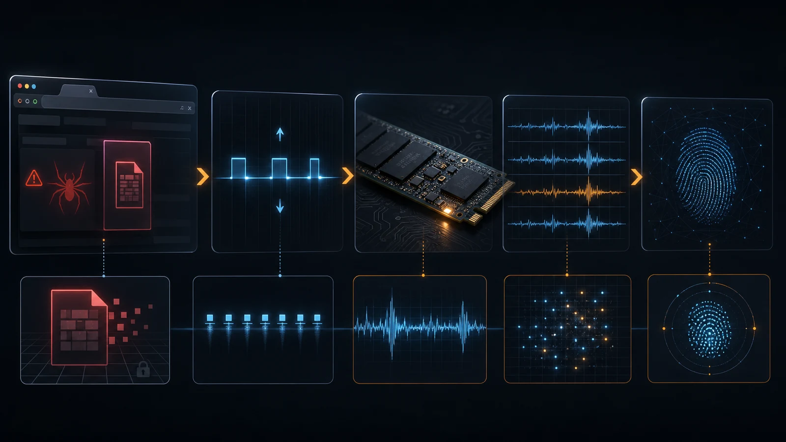 FROST diagram showing the attacker website, OPFS, SSD timing trace, and classifier