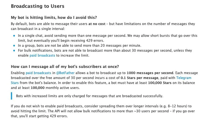 Bots FAQ dio s limitima i paid broadcast opcijama