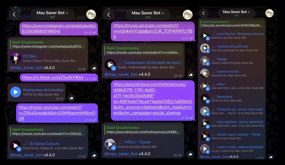 Screenshot der unterstützten Quellen in Mau Saver, einschließlich YouTube Music, SoundCloud, Instagram-Audio, TikTok-Audio und Playlists