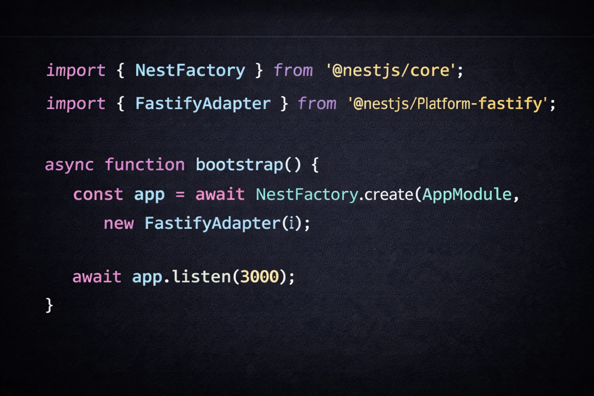 Snippet di codice che mostra la configurazione dell'adapter NestJS Fastify in main.ts