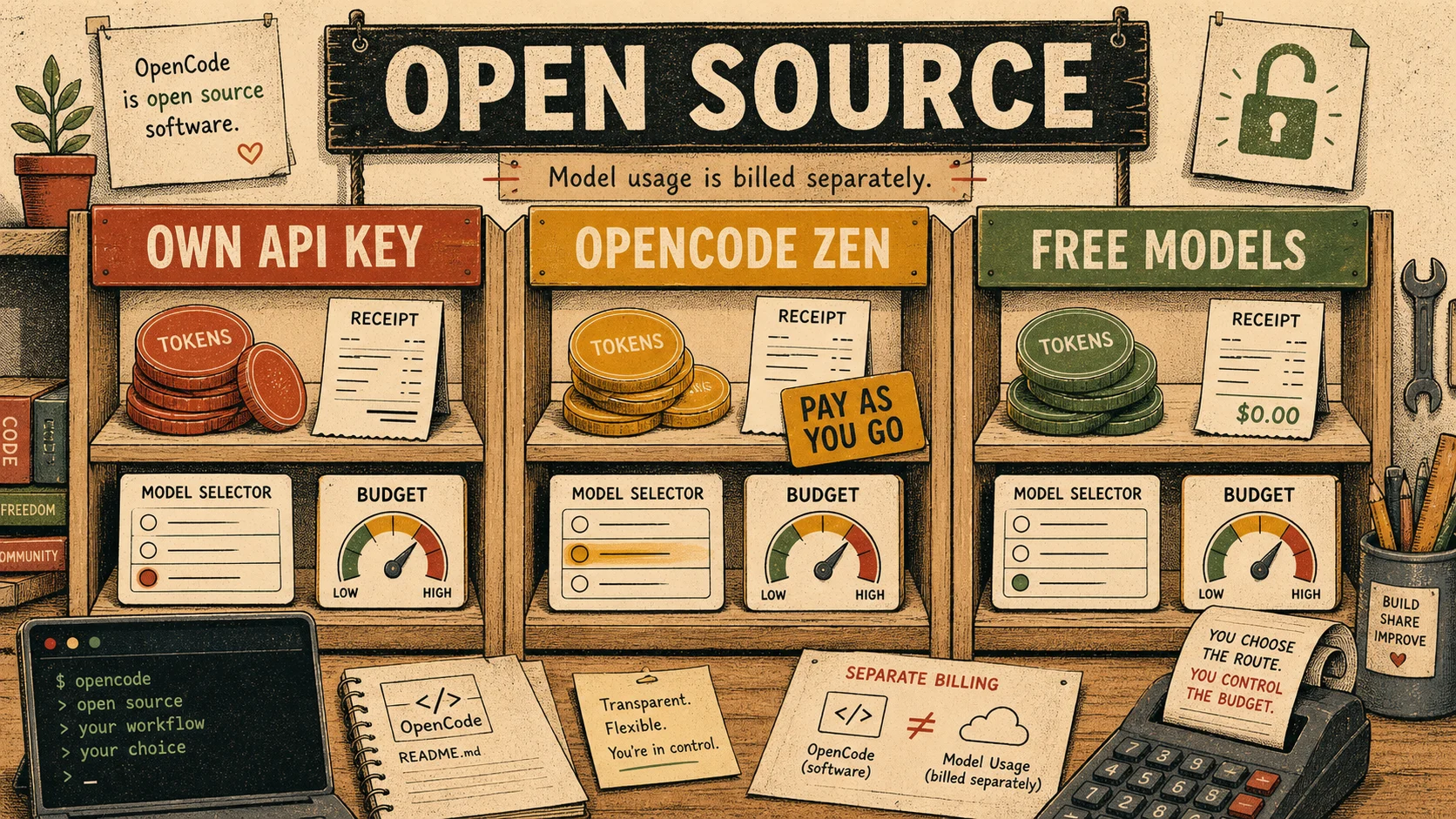 Illustrated comparison of OpenCode own API key, OpenCode Zen, and free model routes
