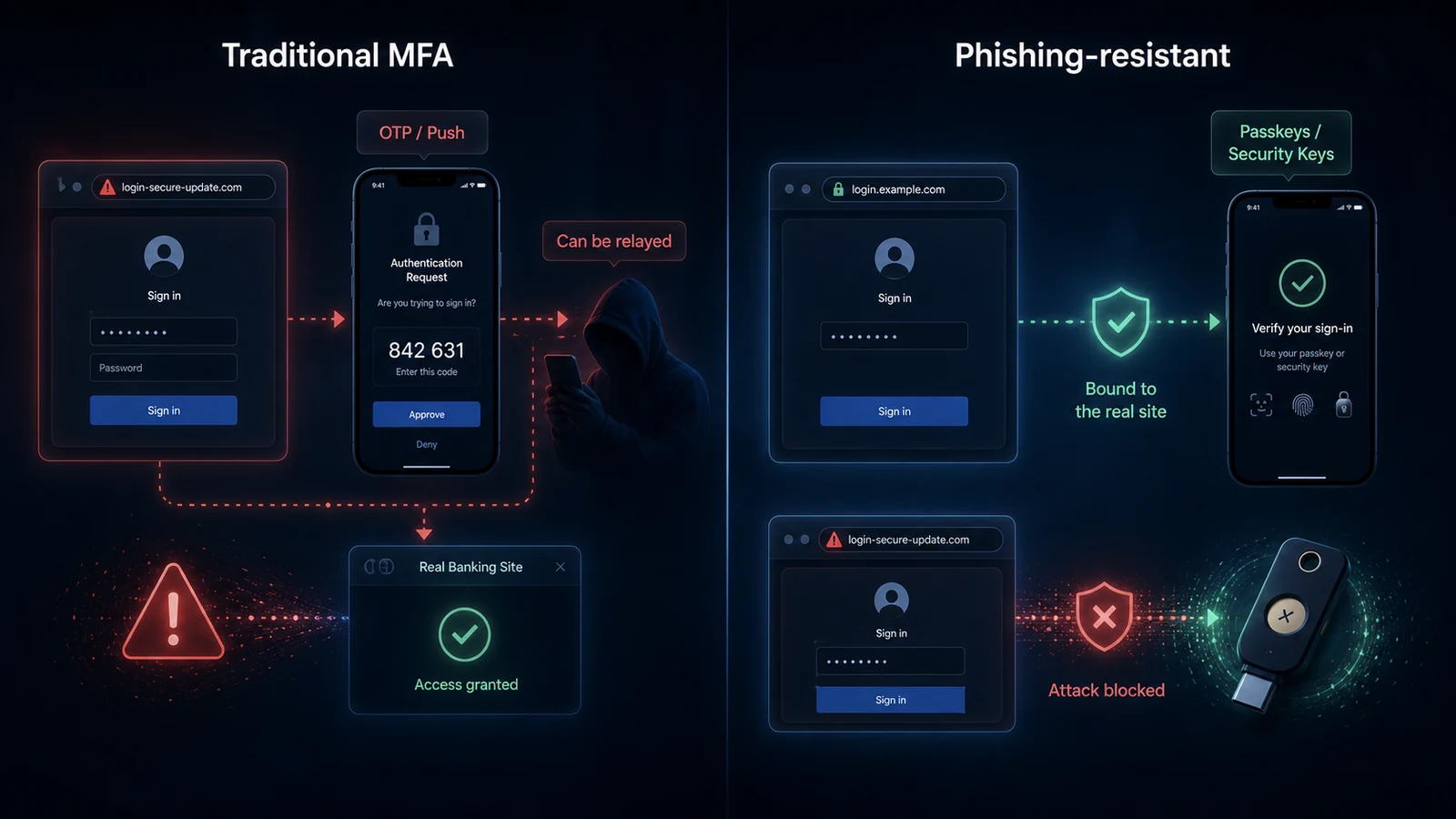 Split comparison showing traditional OTP and push MFA being relayed versus passkeys and security keys blocking a phishing attempt