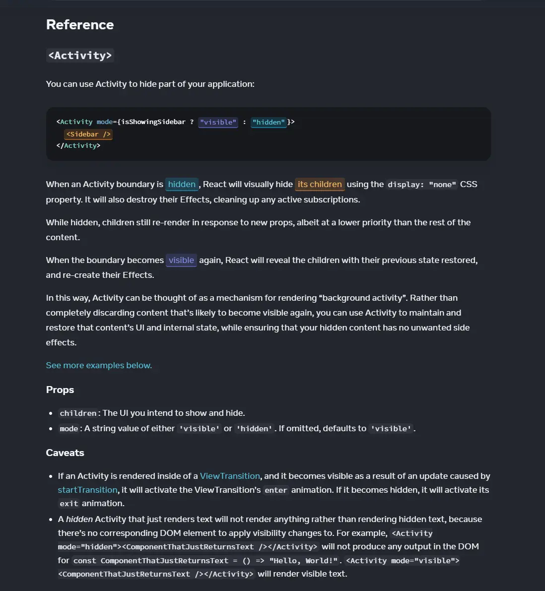 React docs reference za <Activity> s objašnjenjem hidden/visible ponašanja i caveats.