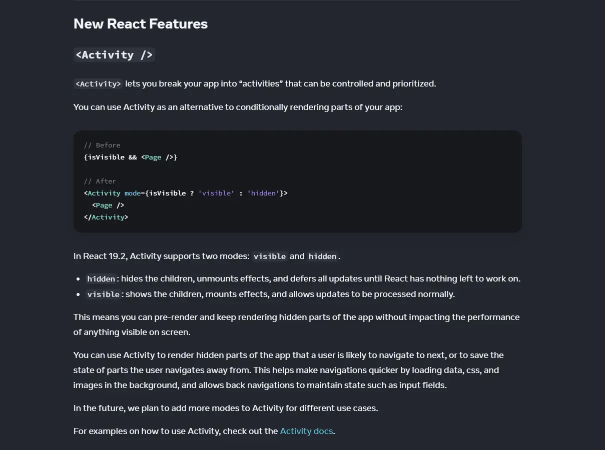React 19.2 release post: sekcija koja opisuje <Activity /> modove i ponašanje.
