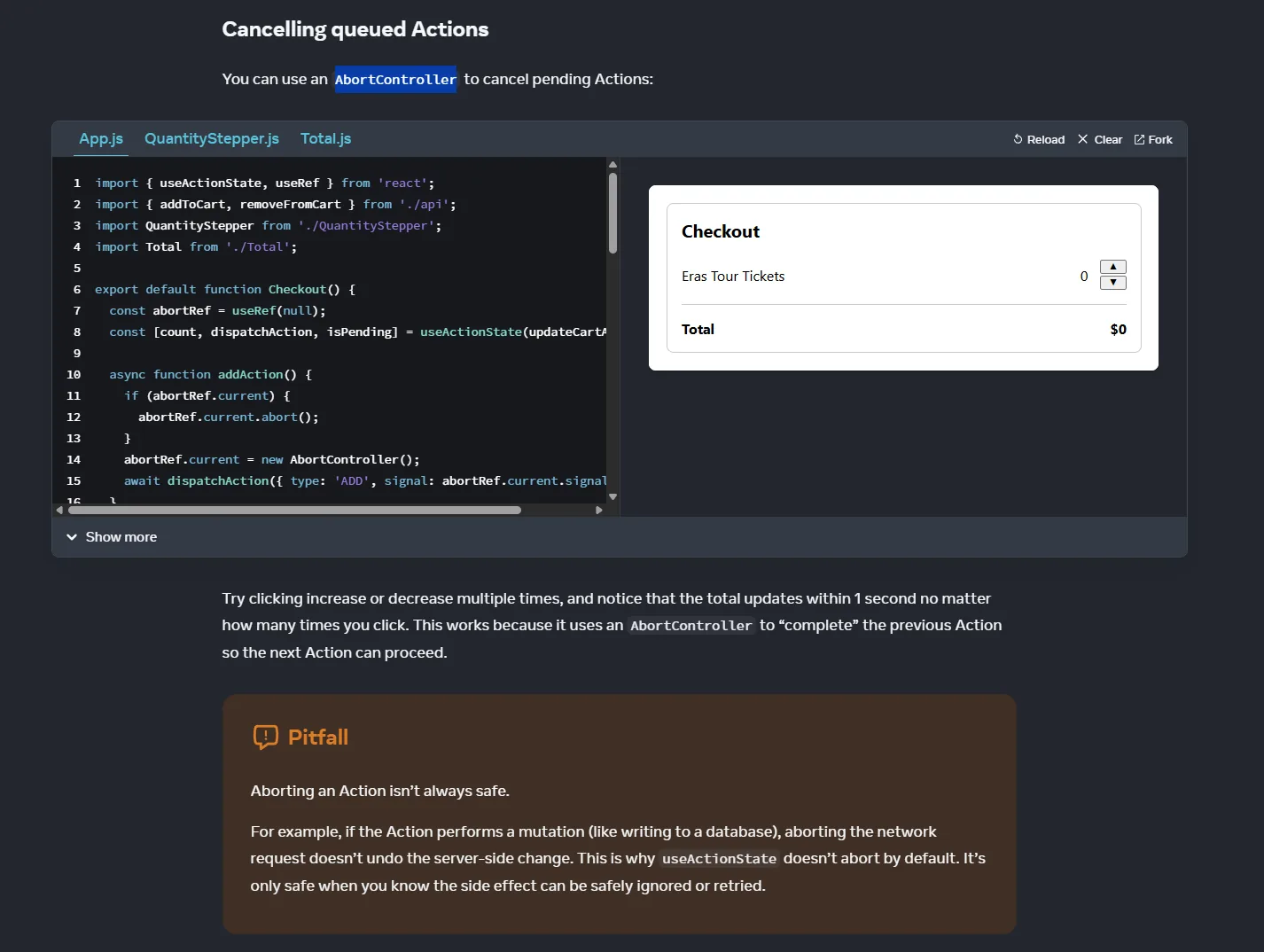Screenshot React docs: otkazivanje queued Actions s AbortController i upozorenje da abort requesta ne poništava server-side mutacije