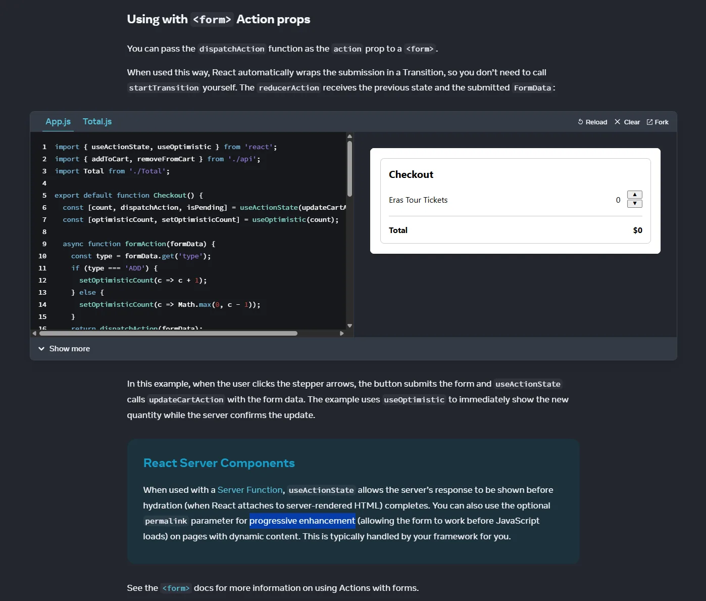 Screenshot React docs: dispatchAction u <form action>, React automatski wrapa submit u Transition i spominje progressive enhancement sa Server Functions