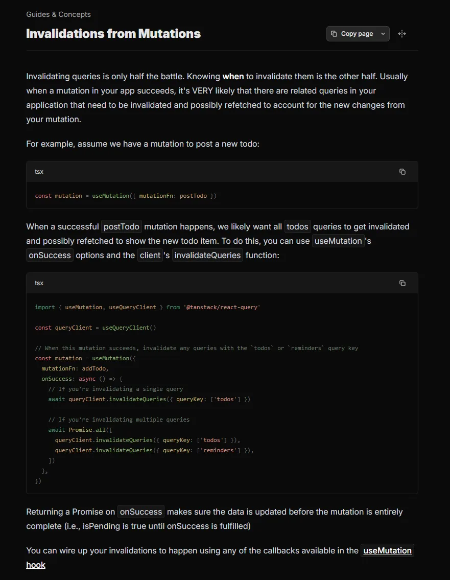 Screenshot TanStack Query docs: invalidations from mutations s onSuccess i invalidateQueries, uključujući Promise.all za više ključeva