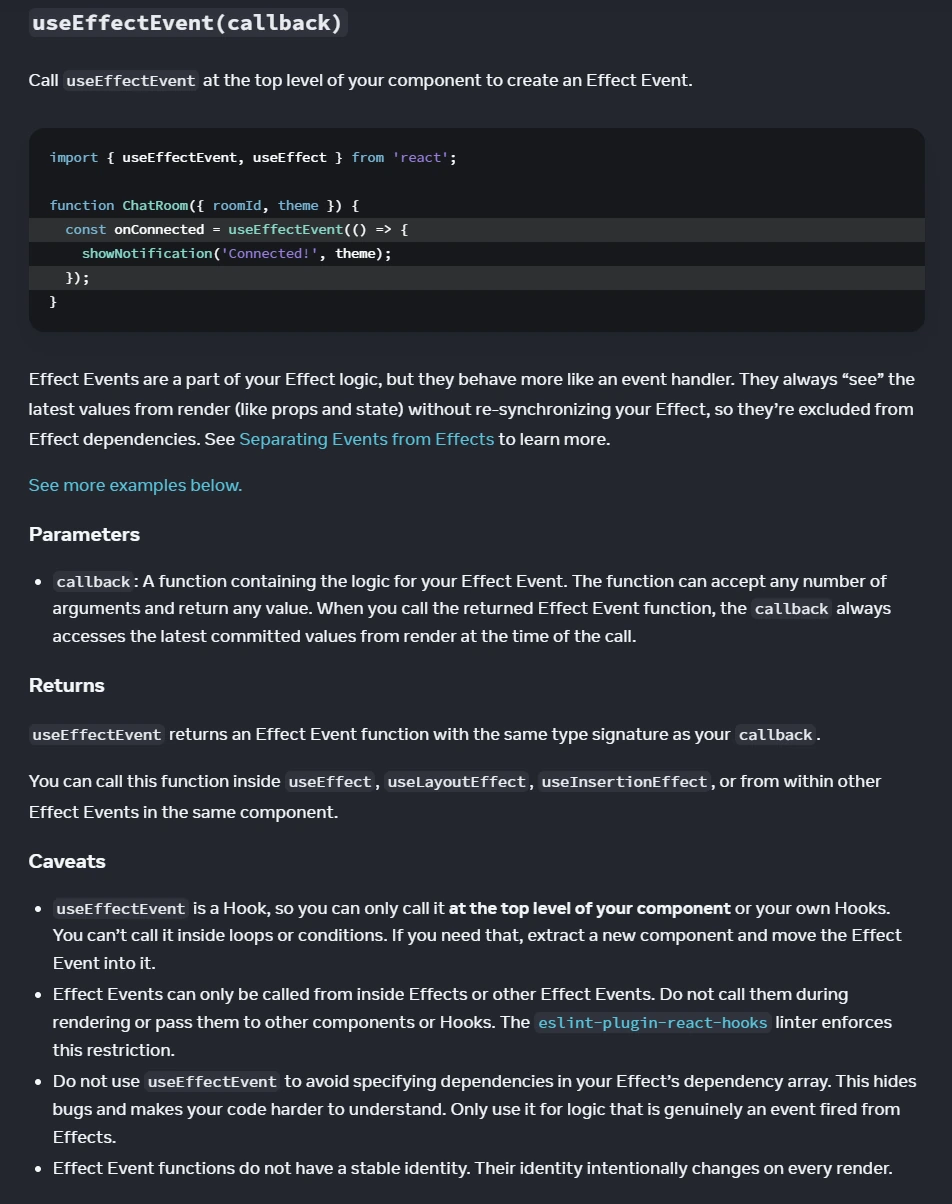 Snimka zaslona React custom Hooks docs koja prikazuje kako omatanje onReceiveMessage u useEffectEvent uklanja reconnect churn