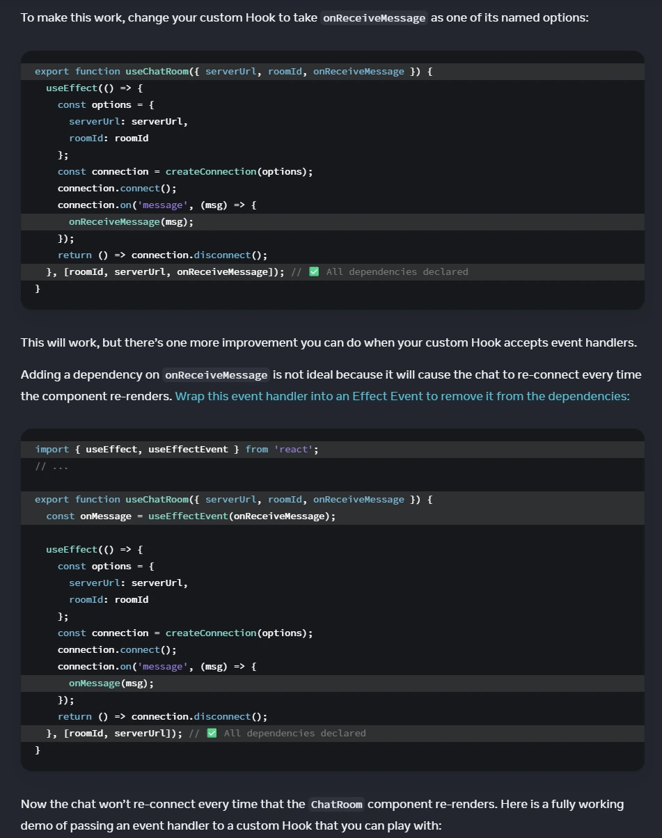 Snimka zaslona React useEffectEvent reference s parameters, returns i caveats za Effect Events